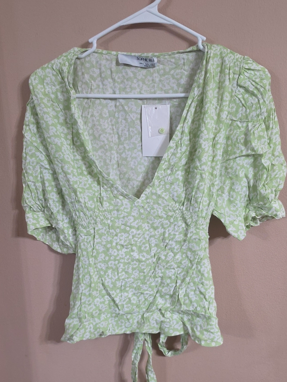 Sophie Rue Pastel Green Floral V-Neck Puff Sleeve Blouse